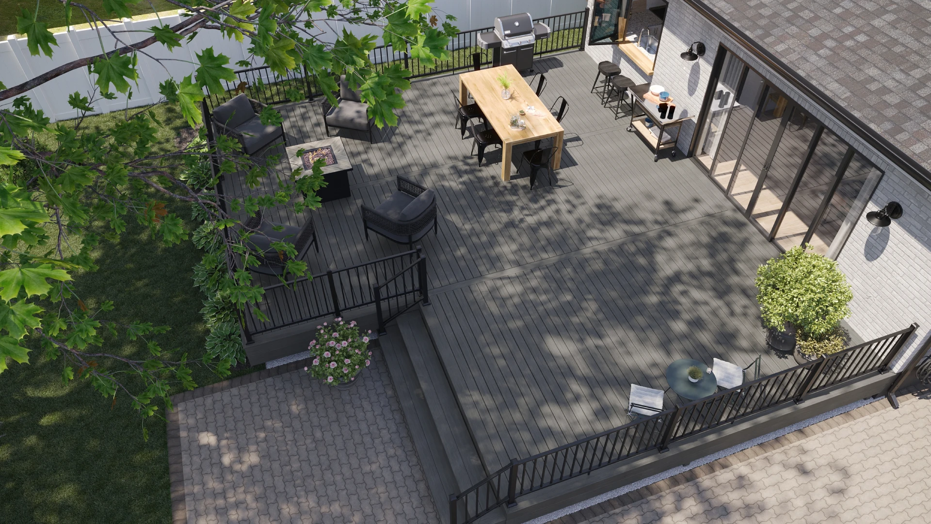 Grey composite deck with modern railing